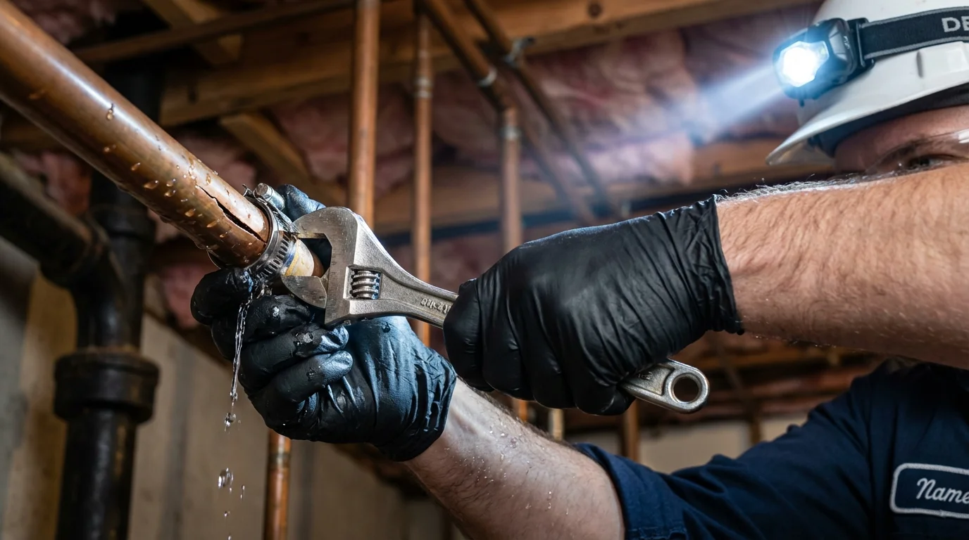 Emergency pipe clamp repair being performed by a Johns Plumbing LLC plumber in Bridgeville